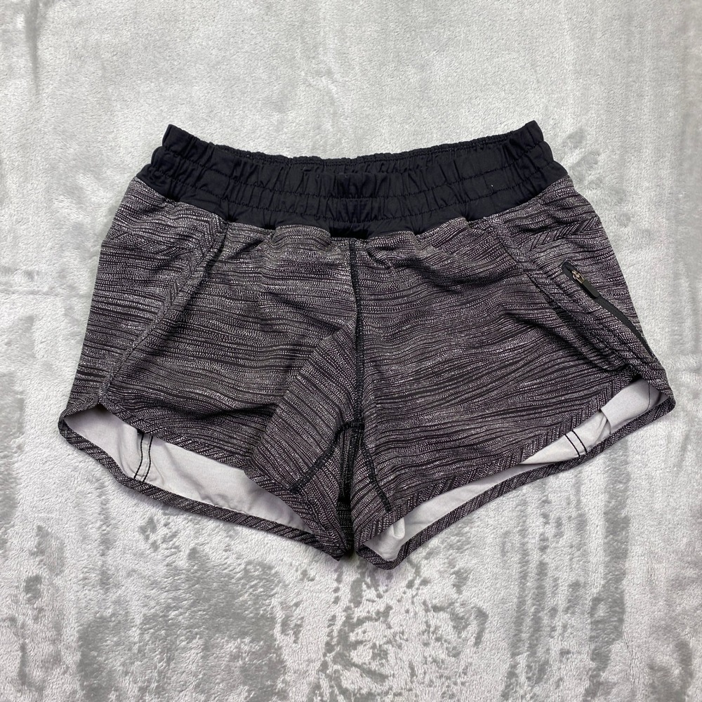 Lululemon Athletica Tracker IV Run Shorts Black White Pattern Zipper Pocket Sz 6